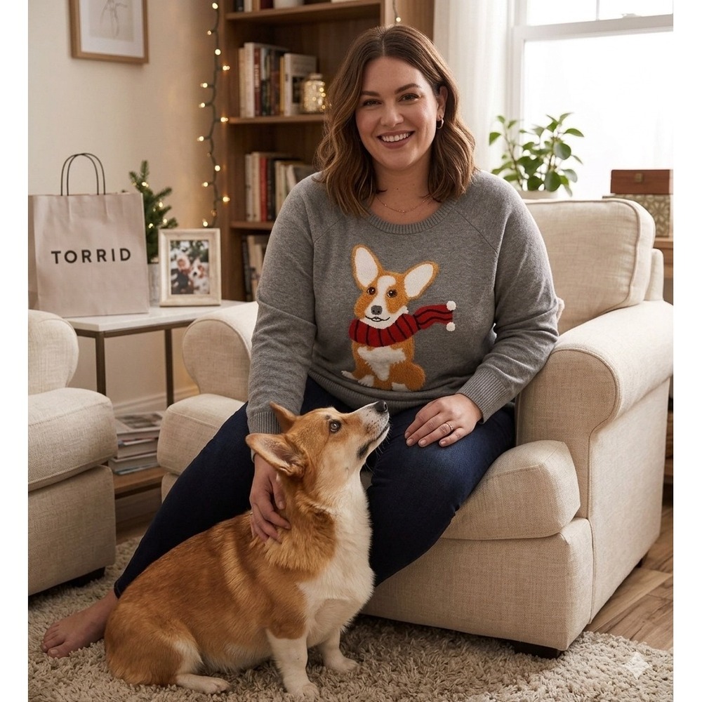 Dog Lover Cozy Torrid Sweater Womens 1 Gray Corgi Dog Graphic Scarf Cotton
